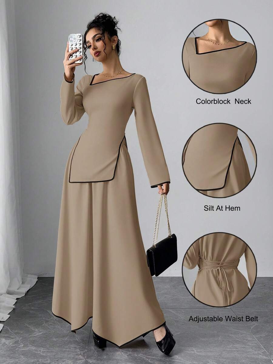 Modelyn Modest Casual Contrast Trim Asymmetric Neck Top And Mini Skirt Set For Women 2 Pieces Set Modest Two Piece Set Spring Clothes - Khaki - View 1