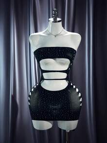 MidnightGlam Đồ lót lưới Midnight Glam cỡ lớn, thiết kế khoét lỗ với các chi tiết đính đá, thích hợp cho tiệc theo chủ đề - màu đen - Xem 6