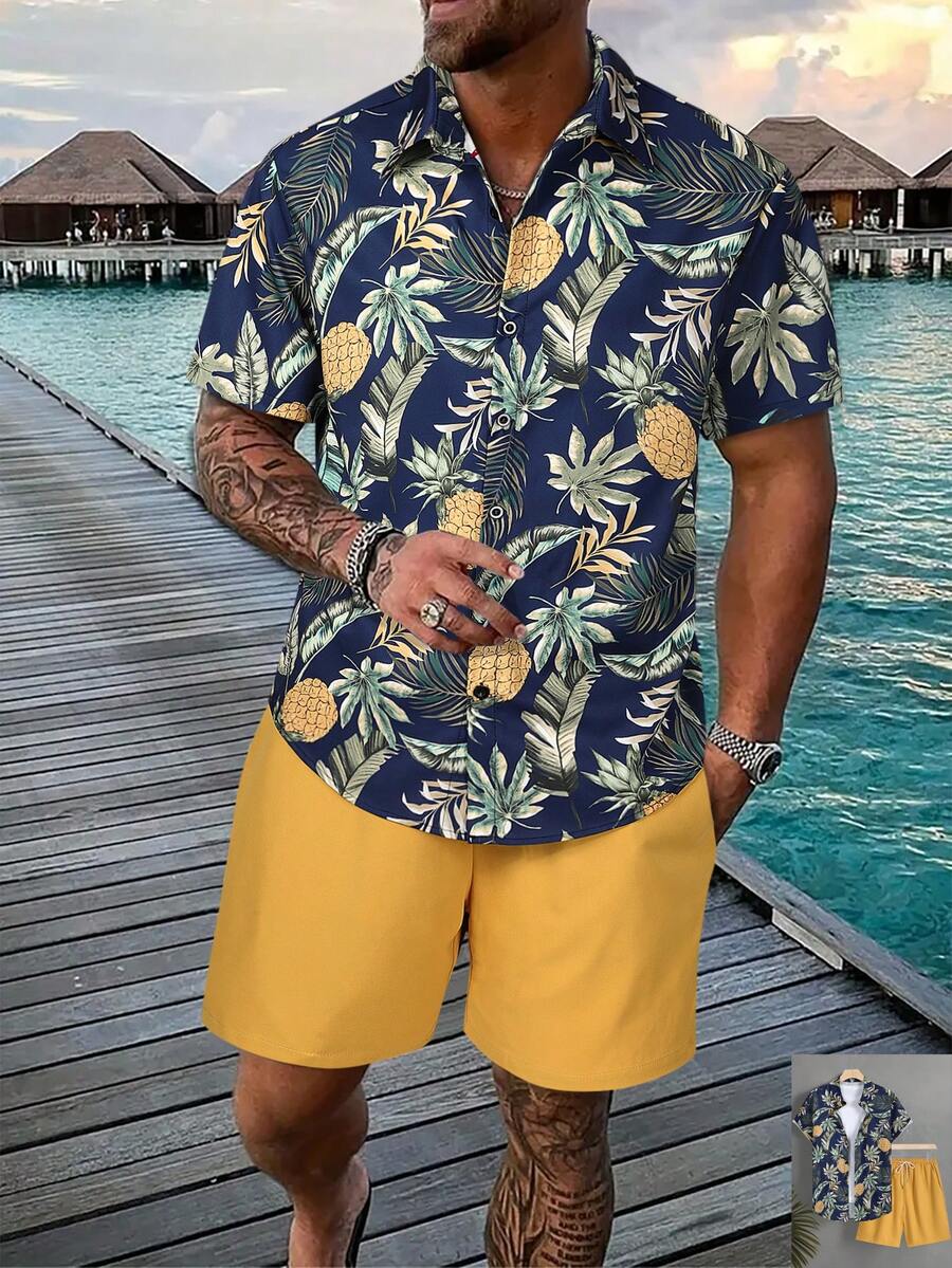 Manfinity RSRT Bộ áo sơ mi và quần short in hình dứa dành cho nam giới mùa hè, trang phục đi nghỉ mát nhiệt đới, trang phục Bahamas cho nam, trang phục đi biển cho nam, trang phục Hawaii cho nam, trang phục Cancun cho nam, trang phục nghỉ lễ. - Màu xanh hải quân - Xem 1