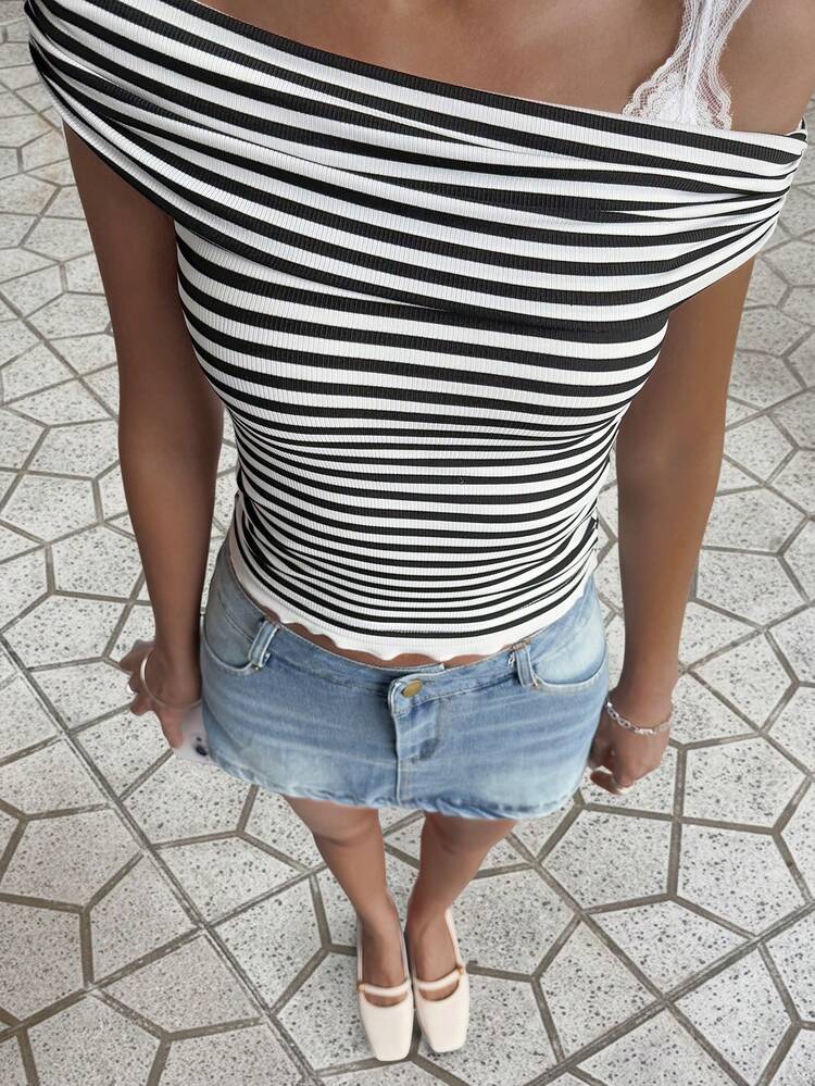 Striped Asymmetrical Shoulder Fitted Casual Cropped T-Shirt For Women Y2k Off The Shoulder