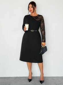 Firerie 大码优雅休闲通勤职业办公日常度假性感派对商务蕾丝拼接长袖修身连衣裙，适合春、夏、秋、冬四季穿着。 - 黑色 - 查看 7