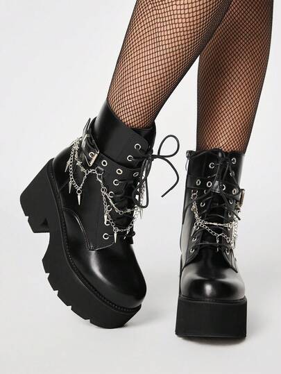 Damen Punk-Stil Plateau Klotz Absatz Knöchel Stiefel, Gothic Y2K Metall Nieten Anhänger Dorn Kette dekorative Schnalle Riemen, Nachtclub Party und Festival Keil Absatz Schnür-Seiten-Reißverschluss Knöchel Stiefel, bequeme Kampfstiefel, Halloween