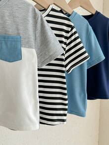 SHEIN 4件套男女童撞色条纹短袖针织T恤套装，舒适休闲日常穿着，春夏款 - 彩色 - 查看 7