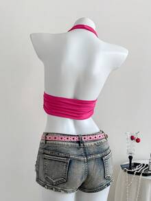 Comfortcana Y2K Solid Backless Crop Sexy Ruched Halter Top - Hot Pink - View 2