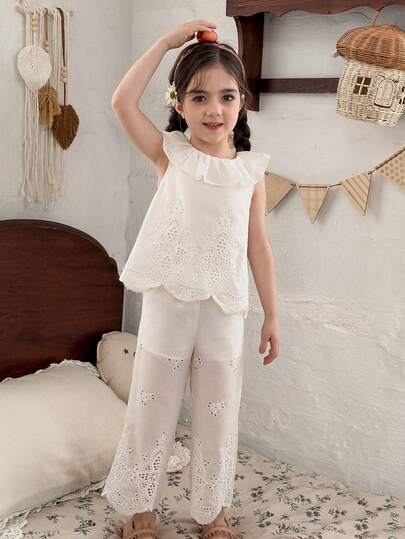 LMoss Kids 2pcs Young Girl Woven Solid Color Embroidered Ruffle Collar Camisole And Long Pants Set