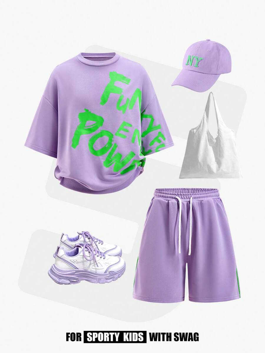 JNSQ Tween Girls 2-Piece Set: Loose Letter Print Round Neck Short Sleeve Sweatshirt + Relaxed Straight Leg Sweatpants, Suitable For Spring/Summer Outdoor Activities, Casual, Vacation, Street Style And Leisure - Purple - View 1