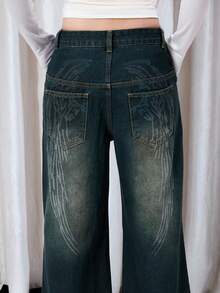 Y2Kool Ekonfriends Pantalones vaqueros de pierna ancha con estampado de alas de ángel lavadas, estilo punk y callejero oscuro, de talle bajo y corte recto para mujer, adecuados para fiestas casuales, festivales de música, estilo gótico, Y2K y de vuelta al colegio en otoño e invierno. Colección de moda elegante de algodón para mujeres - Azul - Ver 2
