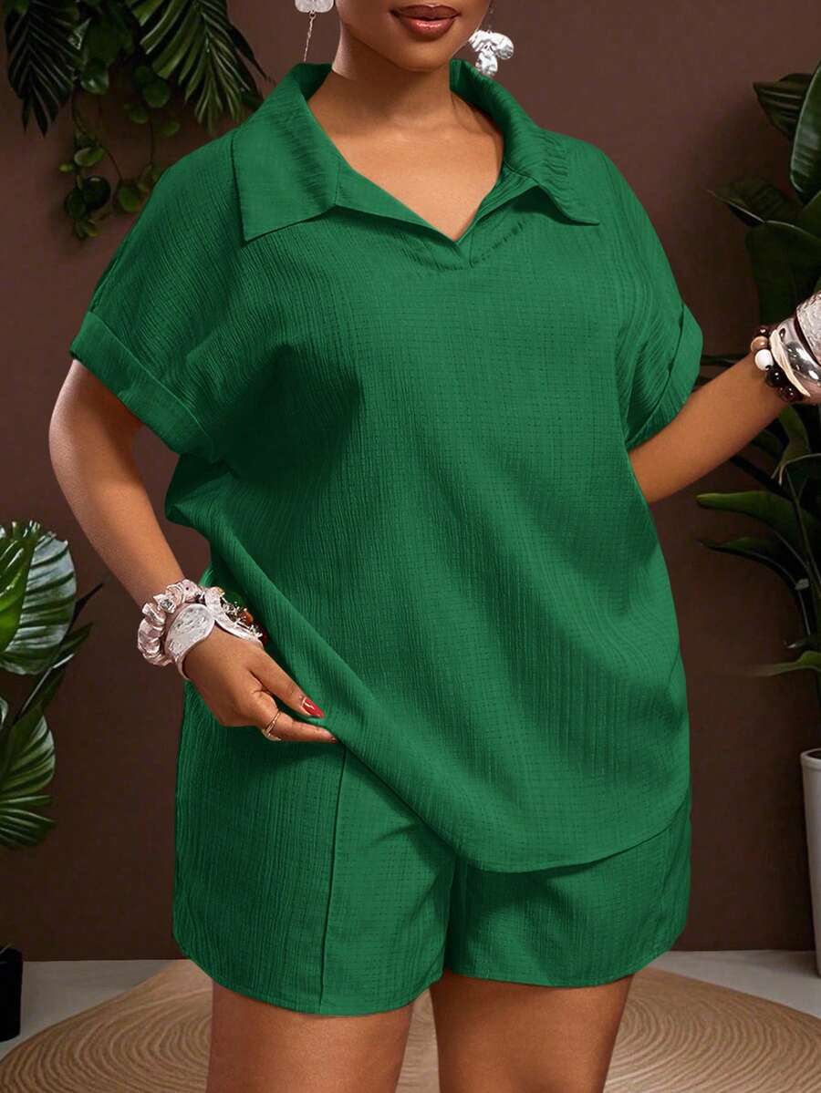 Veslaya 秋冬新品，女士秋冬/万圣节/冬季服装，大码，音乐节/万圣节服装，复活节，西部风，游牧风，生日派对，毕业典礼，学生装，日常穿着，百搭基础款，休闲装，度假，邮轮旅行，海滩，日光浴，潮流单品，女士黄色罗纹Polo领宽松短袖短裤套装，大码家居服套装，夏季工作服衬衫，女士工作服，女士曲线身材工作连衣裙，女士工作服，工作衬衫