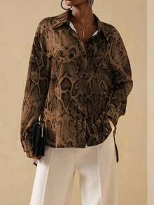 Vesra Women's Minimalist Snake Skin Print Drop Shoulder Long Sleeve Single-Breasted Fashion Shirt Snake Print Top - Coffee Brown - View 4