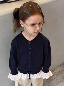 DAZY Young Girls Patchwork Contrast Ruffle Trim Drawstring Tie Front Casual Cardigan - Navy Blue - View 6