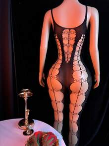 SHEIN 1 bộ đồ liền thân lưới khoét sâu gợi cảm dành cho nữ - màu đen - Xem 2