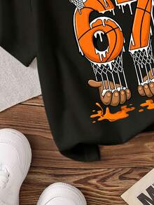 情人节男孩休闲时尚创意个性精致简约挖掘机图案心形经典标语印花休闲基础款舒适短袖T恤，充满情人节氛围，适合男孩在情人节穿着，波兰风格户外上衣。 - 黑色 - 查看 3