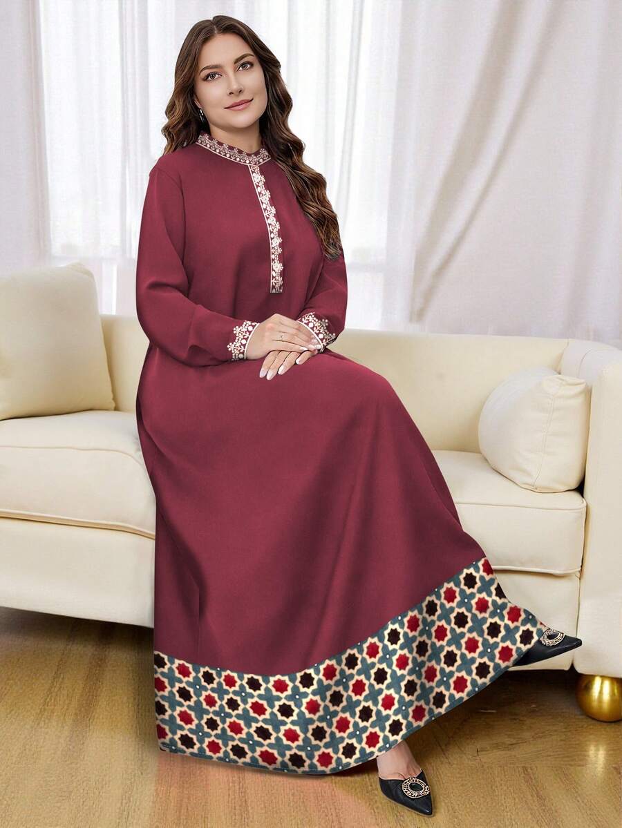 SHEIN Najma 大码女式花卉六边形图案数码印花优雅长袖纽扣领连衣裙,春秋季 - 彩色 - 查看 1