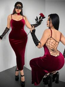 Flirla 大码女士优雅性感修身吊带连衣裙，休闲法式风格 - 酒紅色 - 查看 9