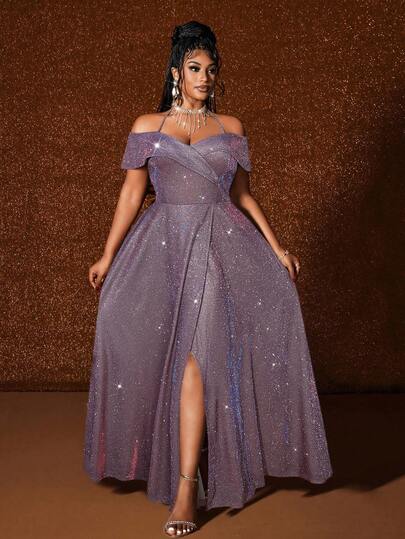 Maweii Vestido elegante de moda con hombros descubiertos, sin mangas y con abertura sexy para tallas grandes