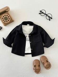 SHEIN 3件套男婴休闲百搭翻领前襟纽扣胸袋长袖上衣 - 黑色 - 查看 5