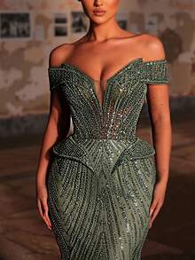 Glamrae Elegant Luxurious Off Shoulder Faux Pearl & Sequin Floral Mermaid Dress, Suitable For Weddings, Parties, Vacations, Galas, Formal Events (Heavy Embellishment) Green - Green - View 4