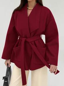 Aloruh Women's Elegant Solid Color Waist Pocket Overcoat