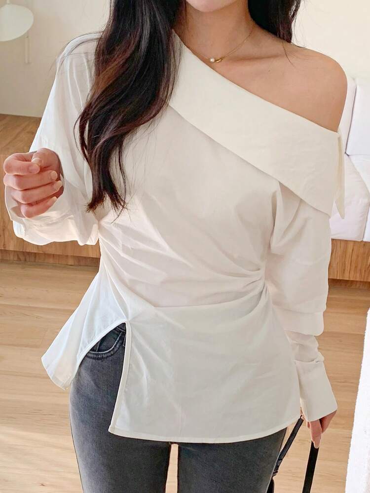 Women's Oblique Shoulder Slit Fitted Long Sleeve Shirt