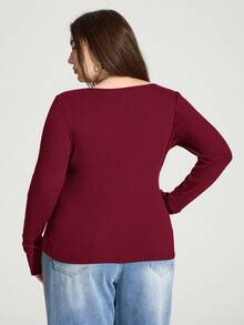 Enliva Áo thun dài tay ôm sát, co giãn cao cấp dành cho nữ cỡ lớn, áo thun dài tay không ngón, trang phục mùa thu cho nữ/mùa đông. - Màu Đỏ Sâu - Xem 2