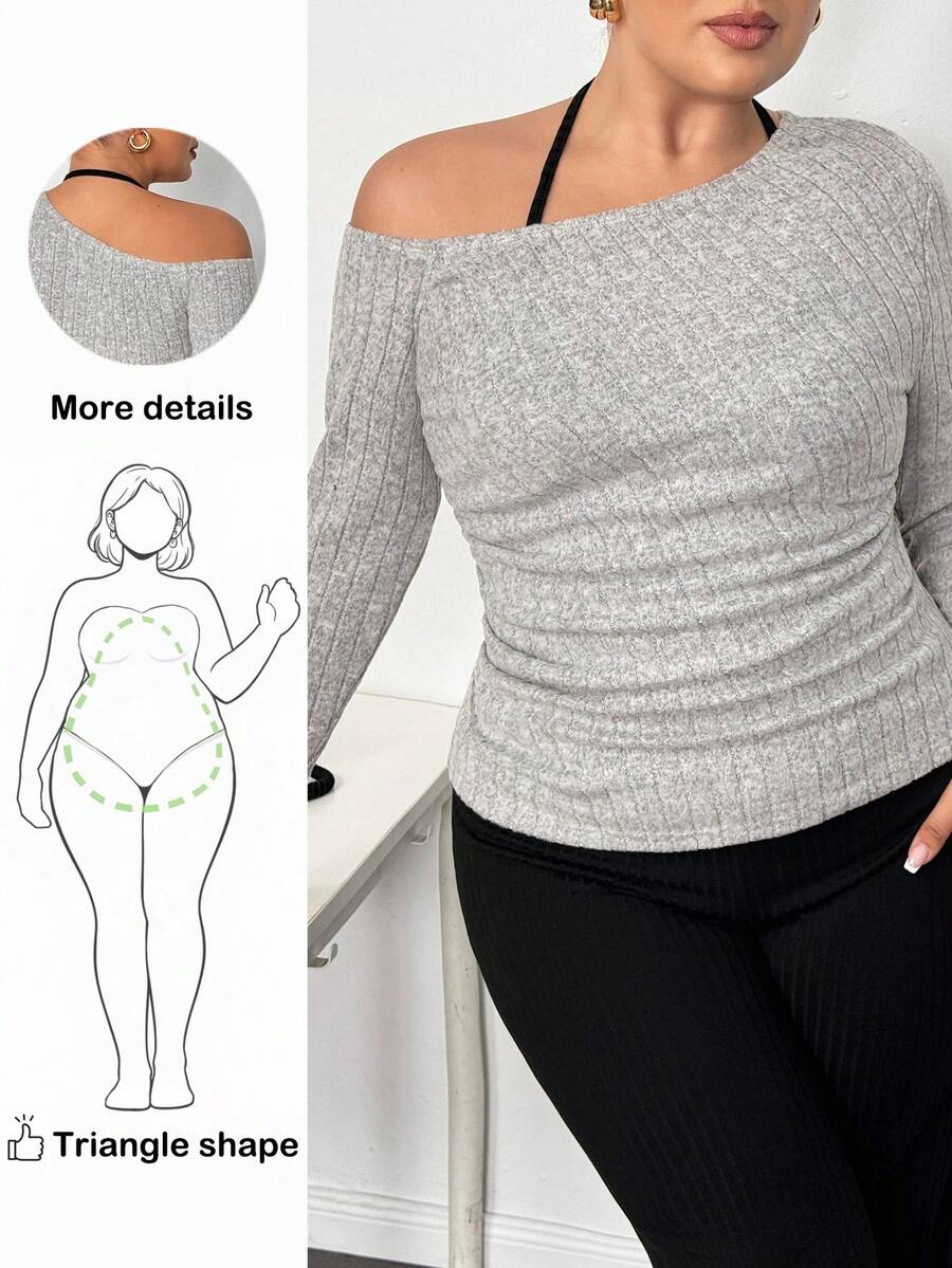 Truni Conjunto de 3 piezas para mujer talla grande con top corto de cuello halter, pantalones de pierna ancha y camiseta de manga larga con cuello asimétrico para primavera/otoño/invierno - Negro - Ver 1