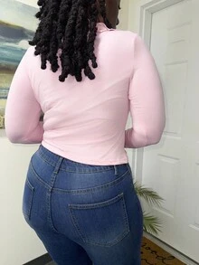 Truni Plus Size Women's Fitted Long Sleeve T-Shirt With Ruffle Collar Detail/Autumn /Winter - Pink - View 4