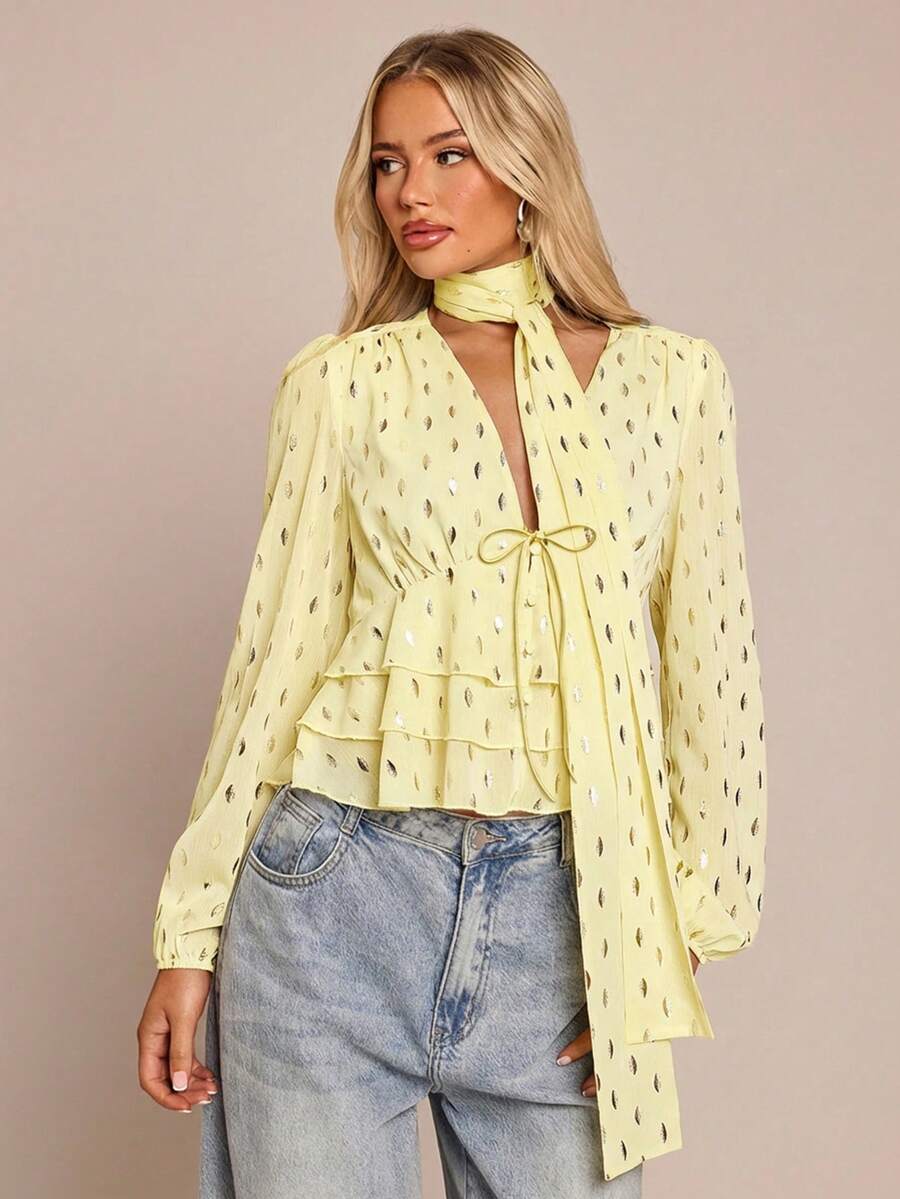 Glamine French Elegant Gold Foil Print Blouse, Removable Ruffled Hem, Spring Autumn Casual Women's Yellow Elegant Shirt For Daily Outings Cute Blouses For Women Tie Front Blouse Light Yellow Top Yellow Blouses Ruffle Blouse - Yellow - View 1