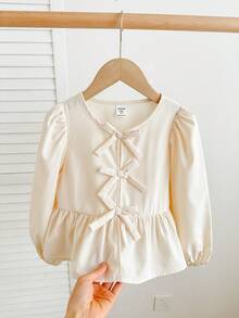 SHEIN LMoss Kids 女童纯色系带长袖简约休闲衬衫 - 杏色 - 查看 5