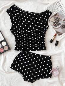 Tween Girls 2pcs Polka Dot Casual Crop Top And Low Waist Shorts Set