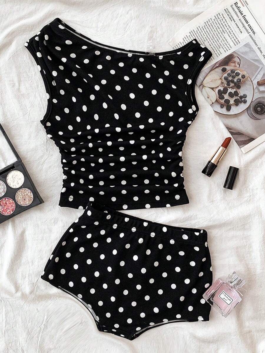 Tween Girls 2pcs Polka Dot Casual Crop Top And Low Waist Shorts Set