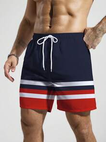 Manfinity Swimmode Pantalones cortos de playa de estilo de vacaciones de verano para hombres con cintura con cordón, bolsillo en diagonal y estampado de rayas de contraste. Bañadores de hombre rojos, blancos y azules - Azul Marino - Ver 4