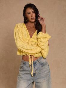 Glamine Blusa Casual de Renda Recortada de Moda Feminina para Férias - Branco - Visão 7