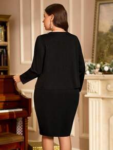 EMERY ROSE 2pcs Plus Size Women Winter Elegant Party  Long Sleeve Black Casual Pearl Decor Black Jacket Coat And Lace Patchwork Skirt 2 Pieces Set, Autumn/Winter,New Year Set ,Plus Size Winter Clothes, Christmas Outfit For Women , Plus Size Women Clothes 2 Piece,Going Out Outfits,2025 New Clothes,Simple And Fashionable For Everyday Wear, Suitable For Multiple Occasions,Christmas,Women's Formal Wear ,Christmas,Christmas,New Year,Thanksgiving,Date Night Outfits Women Set,Skirt Suit