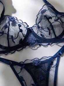 Bộ 2 áo ngực lưới xuyên thấu thêu họa tiết lãng mạn gợi cảm dành cho nữ, có gọng. - Xanh đậm - Xem 3