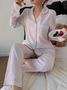 Casual Women's Baby Pink Striped Long Sleeve Pajama Set, Woven Fabric Sleepwear With Collar, Pockets, And Matching Long Pants Soft Pajamas Set Button Up Pajama Set Two Piece Sleepwear Set Sleep Wear Women Set - Baby Pink - View 4