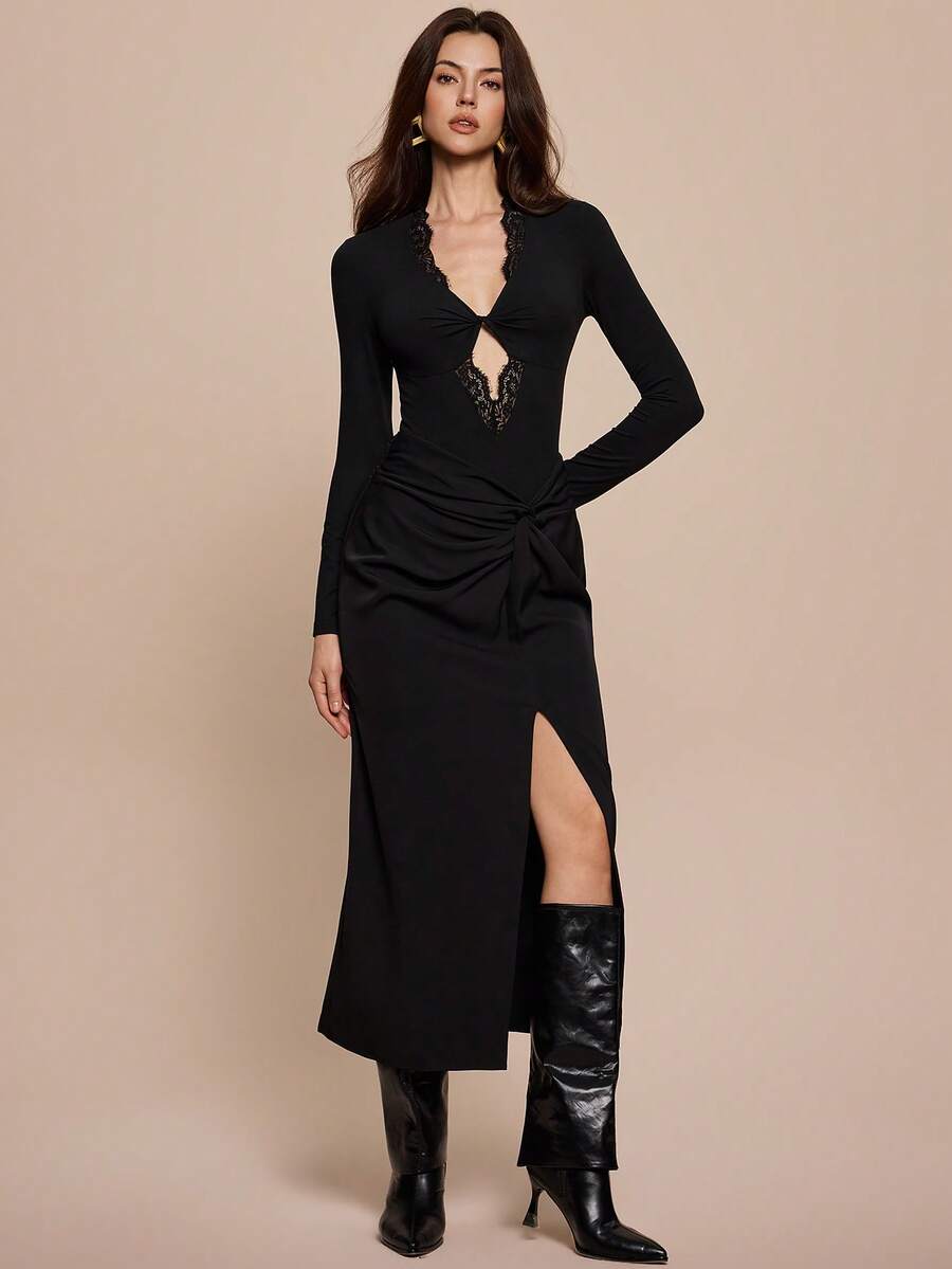 Leighera Elegant Sexy Twist Lace Trim Bodysuit, Suitable For Commuting, Autumn - Black - View 1