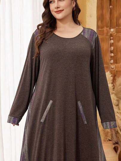 Lacomfia Gradient Floral Pattern Patchwork Knitted Cotton Casual Loose Fit Long Sleeve Round Neck Faux Pocket Maxi Dress, Fashionable & Comfortable For Plus Size Women