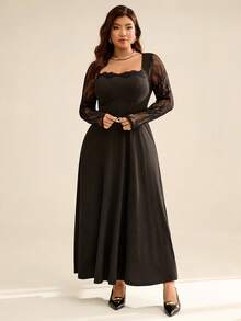 Auralis Plus-Size Women's Autumn/Winter Fashion Elegant Stretchy Comfortable Party Dress With Lace Trim, Fitted Waist, Long Sleeves, Elegant And Dignified Dress, Black Curve-Length Dress,Fall Outfits Party Dresses For Women Elegant Black Dress Lace Long Sleeve Dress Lace Black Dress Black Dress For Women - Black - View 3