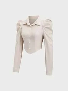 Sweetra Áo kiểu nữ thời trang, thanh lịch, tay phồng, ôm dáng, màu trơn. - Màu be - Xem 6