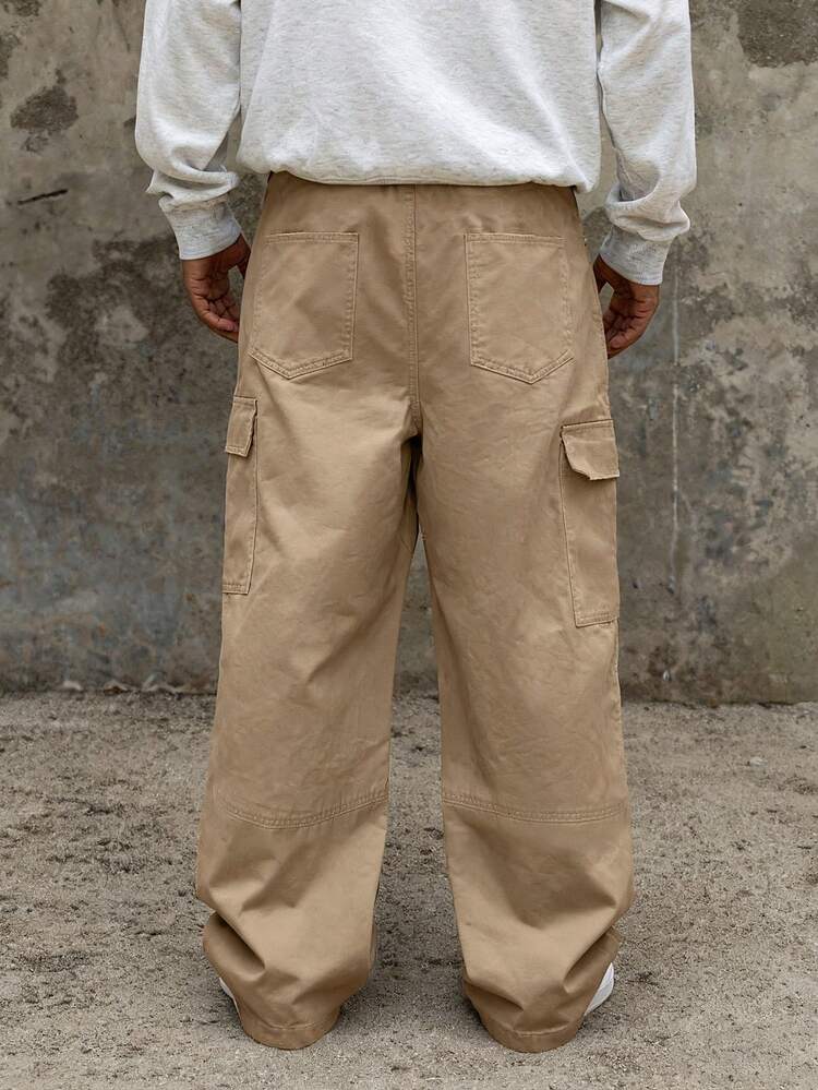 Khaki Washed Vintage Pocket Cargo Pants For Men, Spring/Autumn
