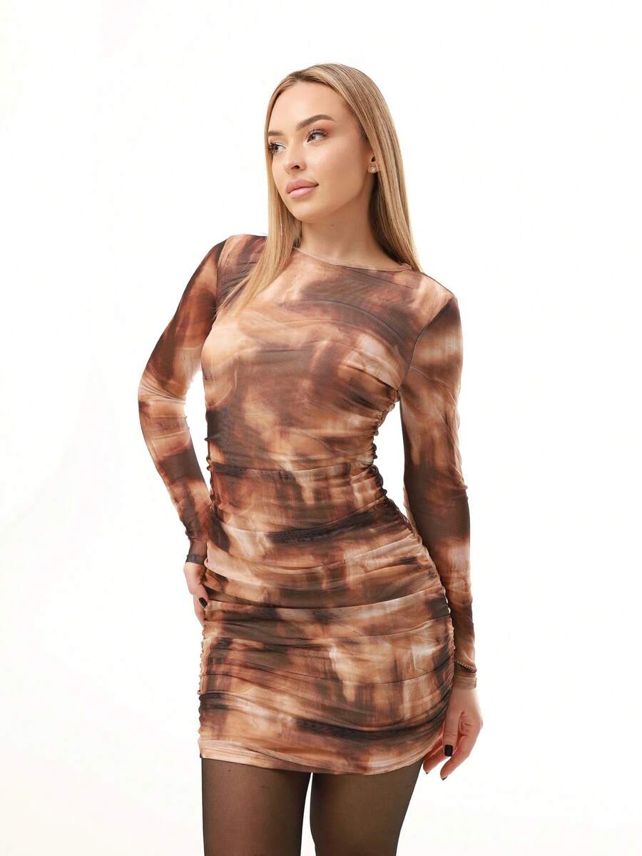 Katetique Vestido mini ajustado de manga larga con estampado de tintes, estilo hippie nuevo para otoño/invierno, apropiado para salidas, uso diario, fiestas, vacaciones - Multicolor - Ver 1