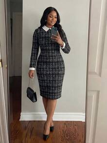 SHEIN Lady CURVE Đầm dáng suông ôm sát, cổ áo sơ mi phối đen trắng tương phản, cỡ lớn, dành cho mùa thu đông. - Đen và trắng - Xem 2