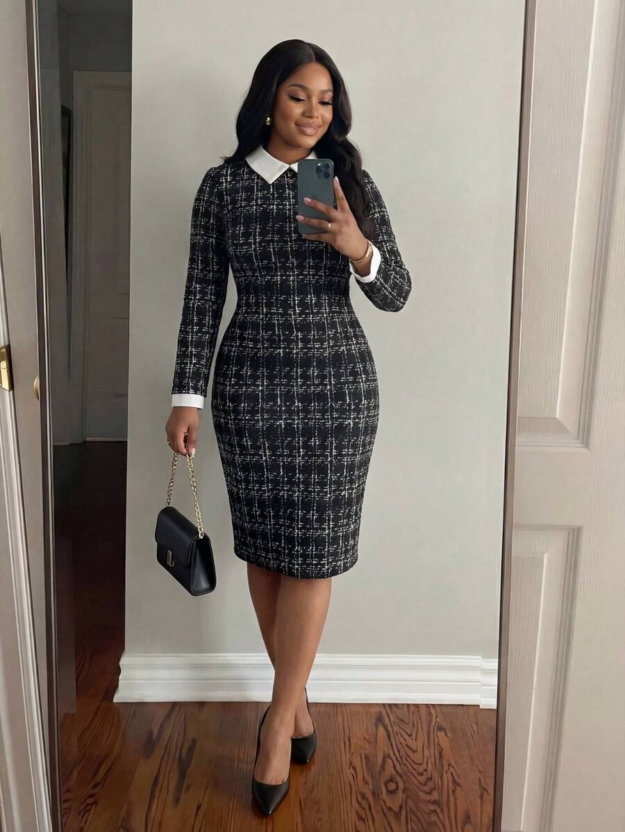 SHEIN Lady CURVE Đầm dáng suông ôm sát, cổ áo sơ mi phối đen trắng tương phản, cỡ lớn, dành cho mùa thu đông.