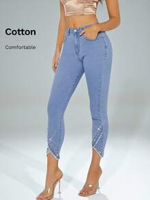 Denimoi 秋季女装，蓝色性感水钻不对称毛边紧身牛仔裤。适合日常穿着、外出、音乐会、节日、派对等场合。 - 淺色水洗藍 - 查看 5