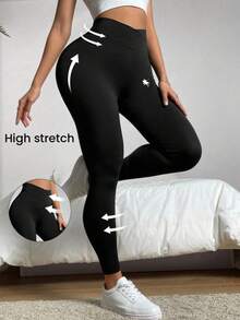 SHEIN EZwear 女士纯色马匹图案不对称高腰休闲打底裤，带保暖内衬，适合秋冬季节，瑜伽、运动皆宜，时尚百搭，春季女士打底裤 - 黑色 - 查看 2