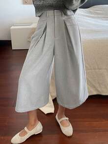 DAZY 高腰宽松阔腿裤，时尚休闲工装风七分裤，秋冬款 - 灰色 - 查看 4