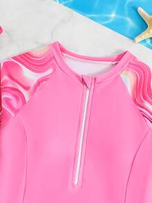 女童彩色大理石纹长袖泳衣套装，防护性强，休闲修身款