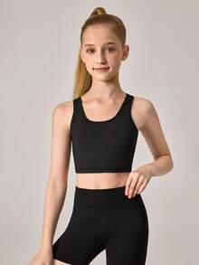 SHEIN 少女两件套 - 黑色吊带背心 + 运动背心，四向弹力丝滑柔软面料 - 黑色 - 查看 3