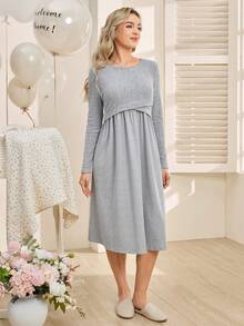 SHEIN Maternity Wrap Front 2-In-1 Long Sleeve Nursing Dress - Grey - View 4