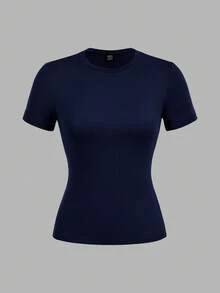 SHEIN EZwear 2 chiếc áo thun ngắn tay cổ tròn đơn giản, màu xanh hải quân và đỏ tía, thích hợp cho mùa xuân/hè. - Nhiều màu - Xem 4